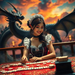 A sexy Indonesian maid, dressed in a stylish and alluring maid costume, is engaged in a game of mahjong