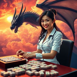 A sexy Indonesian doctor in a stylish and alluring medical uniform, featuring a figure-flattering design, is engaged in a game of mahjong