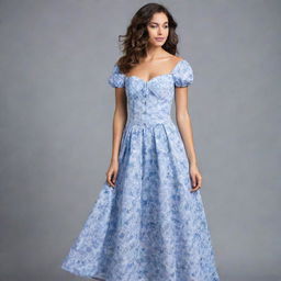 A viral, trendy, long, flowy, floral dress with a corset top and short sleeves. The dress displays horizontally alternating blue and white stripes, crafted for a wedding guest, encapsulating the peak of current fashion trends.