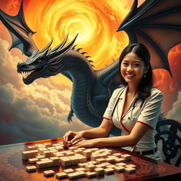 A sexy Indonesian doctor in a stylish and alluring medical uniform, featuring a figure-flattering design, is engaged in a game of mahjong