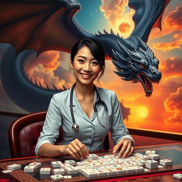 A sexy Indonesian doctor in a stylish and alluring medical uniform, featuring a figure-flattering design, is engaged in a game of mahjong