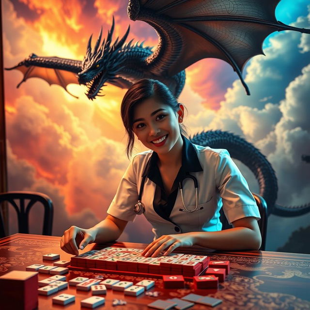 A sexy Indonesian doctor in a stylish and alluring medical uniform, featuring a figure-flattering design, is engaged in a game of mahjong