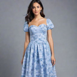 A viral, trendy, long, flowy, floral dress with a corset top and short sleeves. The dress displays horizontally alternating blue and white stripes, crafted for a wedding guest, encapsulating the peak of current fashion trends.