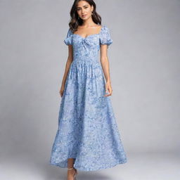 A viral, trendy, long, flowy, floral dress with a corset top and short sleeves. The dress displays horizontally alternating blue and white stripes, crafted for a wedding guest, encapsulating the peak of current fashion trends.