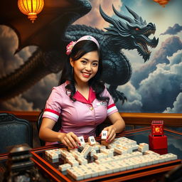 A sexy Indonesian nurse with a curvy figure and prominent features, dressed in a revealing yet tasteful nurse uniform, is engaged in a game of mahjong