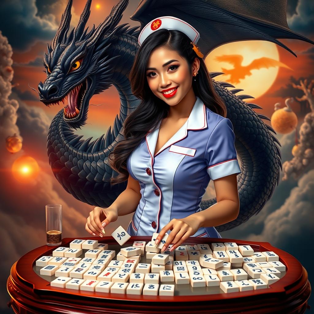 A sexy Indonesian nurse with a curvy figure and prominent features, dressed in a revealing yet tasteful nurse uniform, is engaged in a game of mahjong