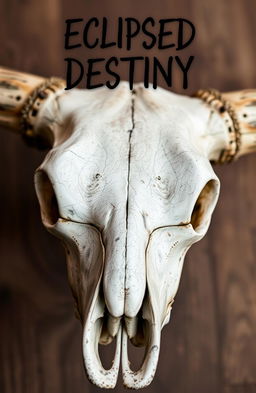 A close-up view of a cow skull, positioned straight and centered, with intricate details visible in the bone structure