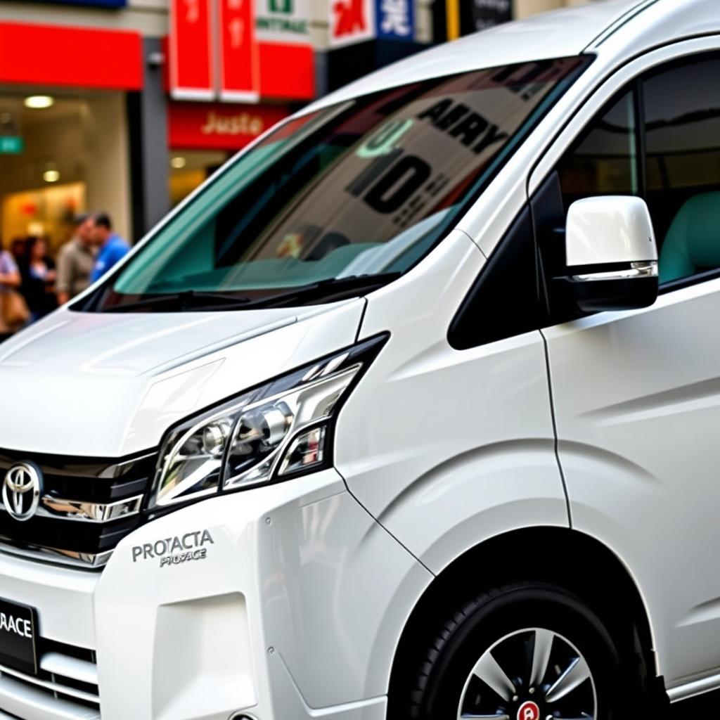 A sleek white Toyota Proace van parked in an urban setting, showcasing its modern design with smooth lines and a shiny exterior