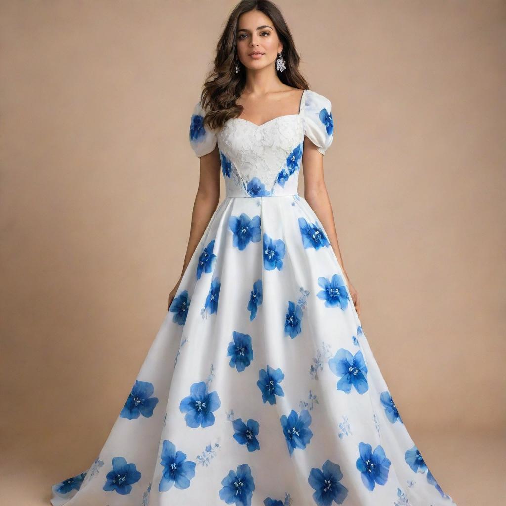 A viral, trendy, long, flowy, white floral dress adorned with blue flowers, designed for a wedding guest. The dress features a corset top with short sleeves, encapsulating the height of contemporary fashion.