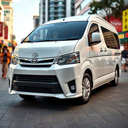 A sleek white Toyota Proace van parked in an urban setting, showcasing its modern design with smooth lines and a shiny exterior