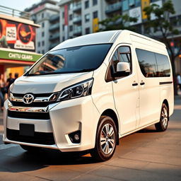 A sleek white Toyota Proace van parked in an urban setting, showcasing its modern design with smooth lines and a shiny exterior
