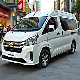A sleek white Toyota Proace van parked in an urban setting, showcasing its modern design with smooth lines and a shiny exterior