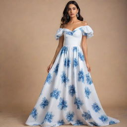 A viral, trendy, long, flowy, white floral dress adorned with blue flowers, designed for a wedding guest. The dress features a corset top with short sleeves, encapsulating the height of contemporary fashion.