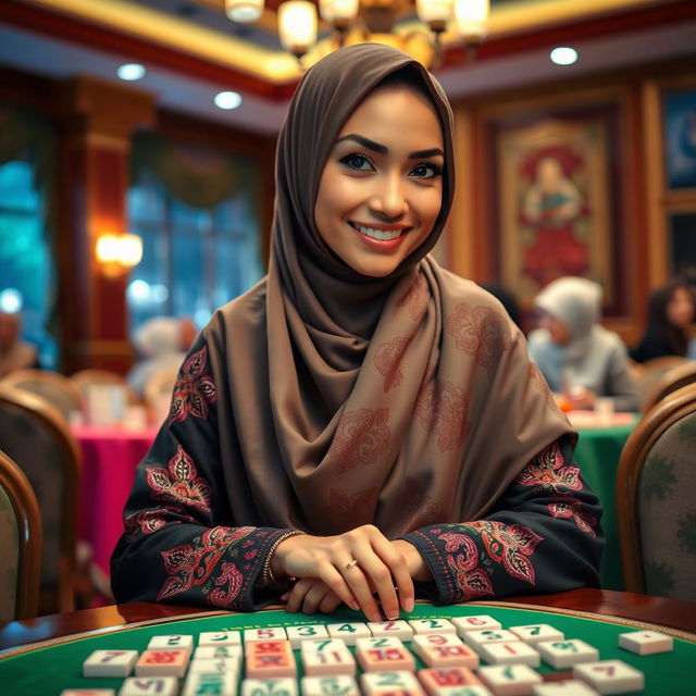 A stunning and attractive woman wearing a beautiful, elegant hijab, sitting at a mahjong table, enthusiastically playing the game