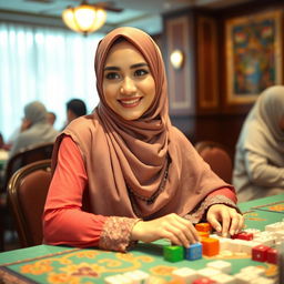 A stunning and attractive woman wearing a beautiful, elegant hijab, sitting at a mahjong table, enthusiastically playing the game