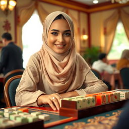 A stunning and attractive woman wearing a beautiful, elegant hijab, sitting at a mahjong table, enthusiastically playing the game