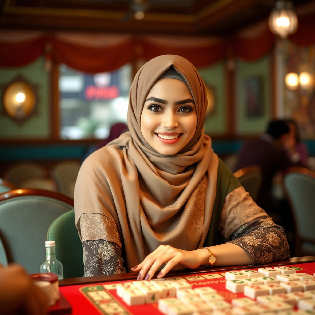 A stunning and attractive woman wearing a beautiful, elegant hijab, sitting at a mahjong table, enthusiastically playing the game