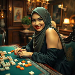 A seductive woman wearing a stylish and alluring hijab, sitting at a mahjong table with an inviting smile, drawing attention as she engages in the game