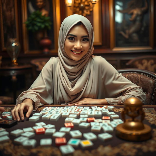 A seductive woman wearing a stylish and alluring hijab, sitting at a mahjong table with an inviting smile, drawing attention as she engages in the game