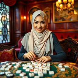 A seductive woman wearing a stylish and alluring hijab, sitting at a mahjong table with an inviting smile, drawing attention as she engages in the game