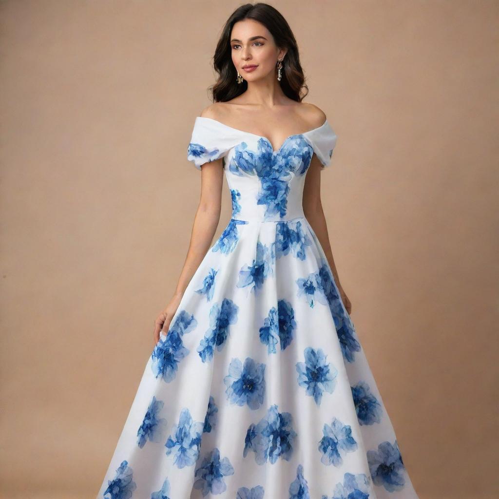 A viral, trendy, long, flowy, white floral dress adorned with blue flowers, designed for a wedding guest. The dress features a corset top with short sleeves, encapsulating the height of contemporary fashion.