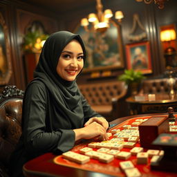 A seductive woman wearing a stylish and alluring hijab, sitting at a mahjong table with an inviting smile, drawing attention as she engages in the game