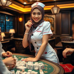 A seductive woman dressed as a sexy hijab nurse, playfully engaged in a game of mahjong