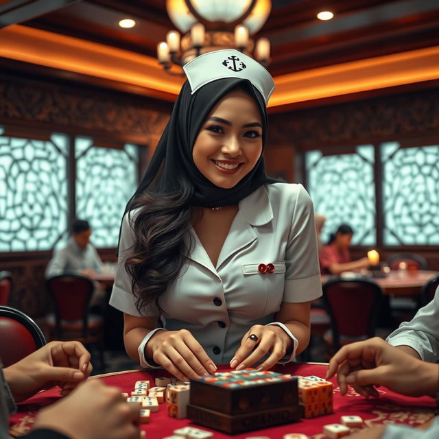 A seductive woman dressed as a sexy hijab nurse, playfully engaged in a game of mahjong