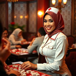 A seductive woman dressed as a sexy hijab nurse, playfully engaged in a game of mahjong