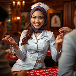 A seductive woman dressed as a sexy hijab nurse, playfully engaged in a game of mahjong