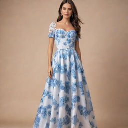 A viral, trendy, long, flowy, white floral dress adorned with blue flowers, designed for a wedding guest. The dress features a corset top with short sleeves, encapsulating the height of contemporary fashion.