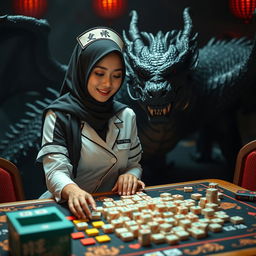 A seductive woman dressed as a sexy hijab nurse, playfully engaged in a game of mahjong, with a dramatic background featuring an imposing black dragon