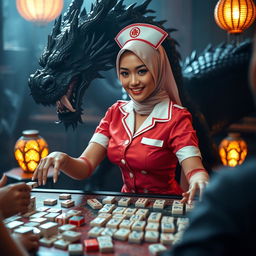 A seductive woman dressed as a sexy hijab nurse, playfully engaged in a game of mahjong, with a dramatic background featuring an imposing black dragon