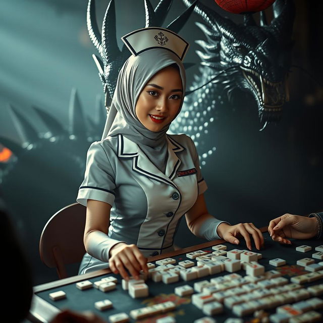 A seductive woman dressed as a sexy hijab nurse, playfully engaged in a game of mahjong, with a dramatic background featuring an imposing black dragon