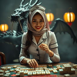 A seductive woman dressed as a sexy hijab nurse, playfully engaged in a game of mahjong, with a dramatic background featuring an imposing black dragon