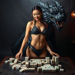 A seductive woman wearing a stylish Indonesian bikini, playfully engaged in a game of mahjong, with a dramatic background featuring an imposing black dragon