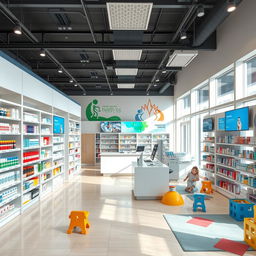 A modern pharmacy store interior design featuring sleek shelves filled with a wide array of colorful medicine and health products