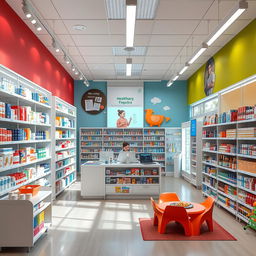 A modern pharmacy store interior design featuring sleek shelves filled with a wide array of colorful medicine and health products