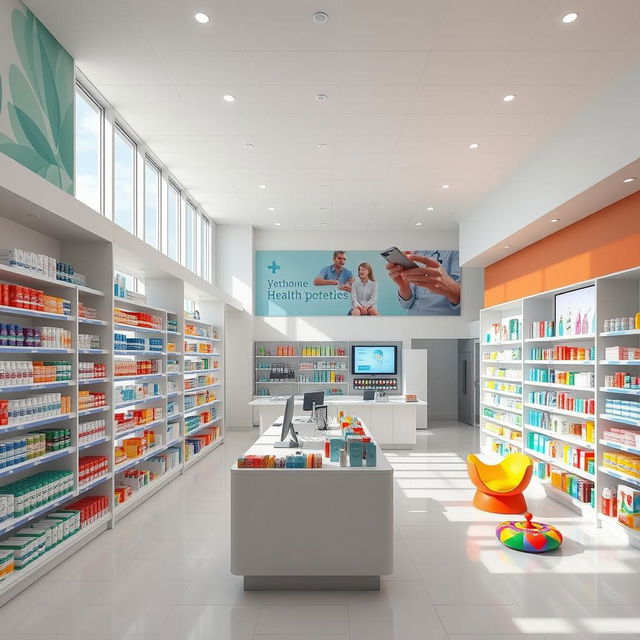 A modern pharmacy store interior design featuring sleek shelves filled with a wide array of colorful medicine and health products