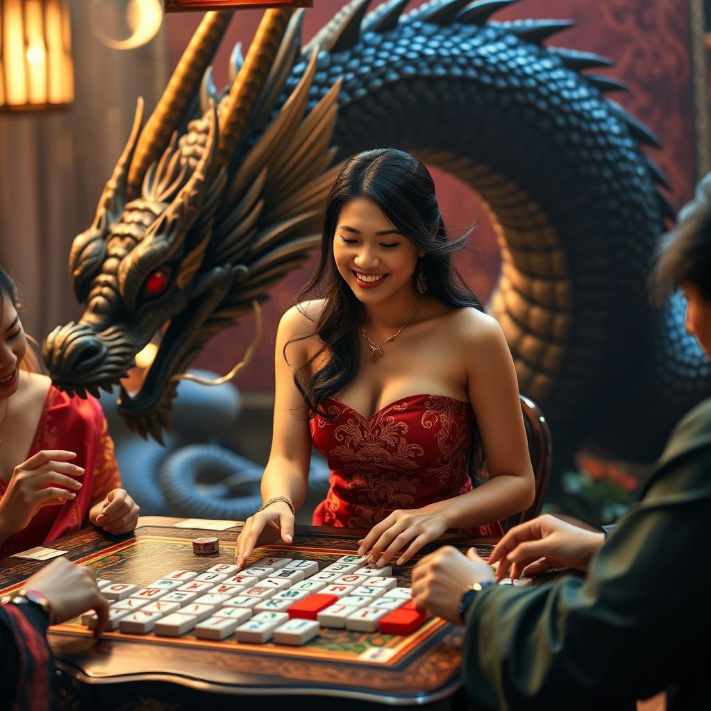 A seductive Indonesian woman, representing the essence of beauty and charm, playfully engaged in a game of mahjong