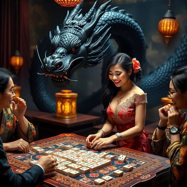 A seductive Indonesian woman, representing the essence of beauty and charm, playfully engaged in a game of mahjong