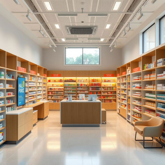 A horizontal layout design for a 700 sqft pharmacy store