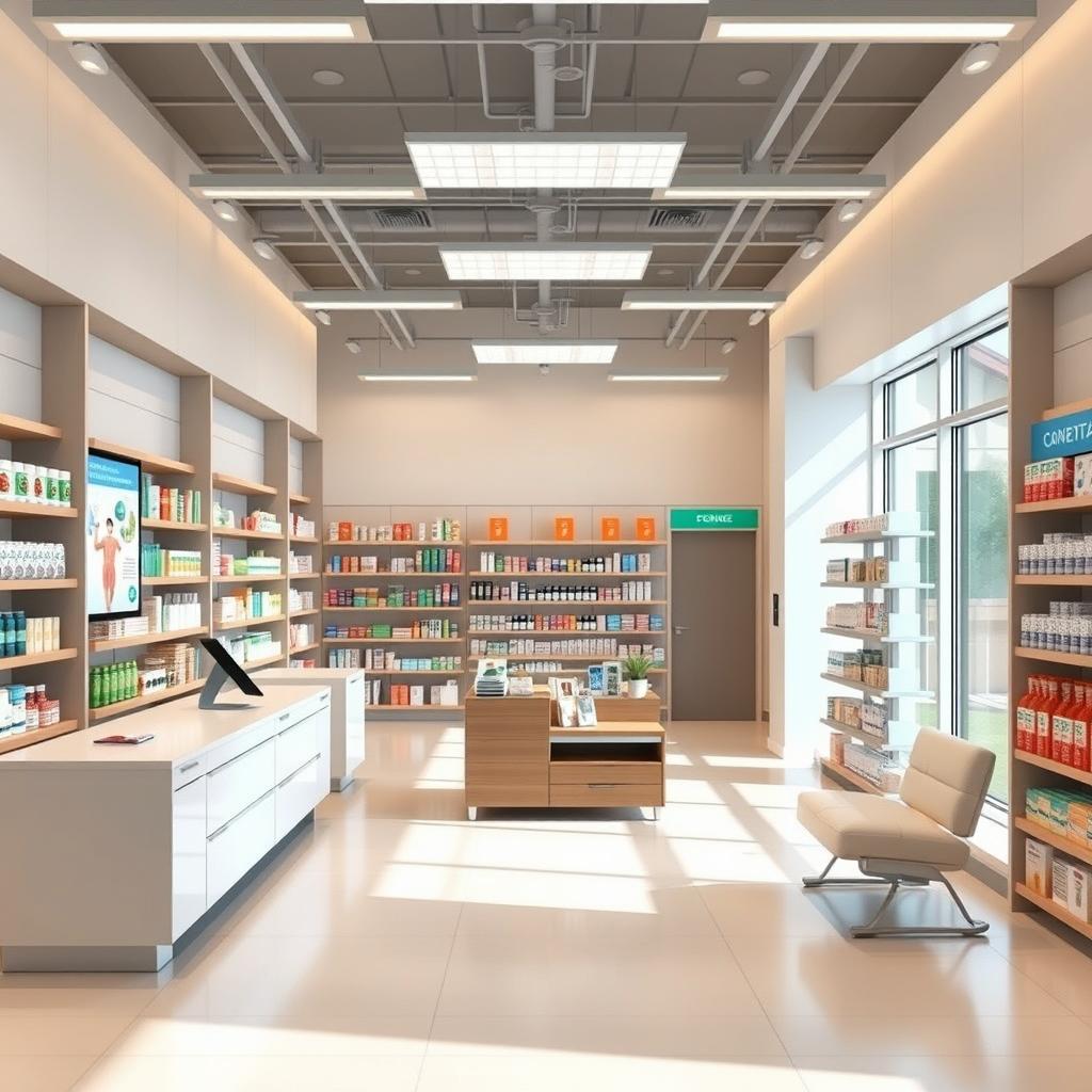 A horizontal layout design for a 700 sqft pharmacy store