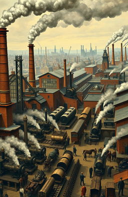 A detailed and dynamic depiction of the Industrial Revolution, featuring a bustling 19th-century factory scene
