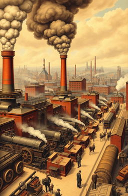 A detailed and dynamic depiction of the Industrial Revolution, featuring a bustling 19th-century factory scene