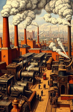 A detailed and dynamic depiction of the Industrial Revolution, featuring a bustling 19th-century factory scene