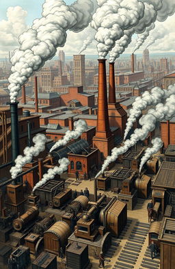 A detailed and dynamic depiction of the Industrial Revolution, featuring a bustling 19th-century factory scene