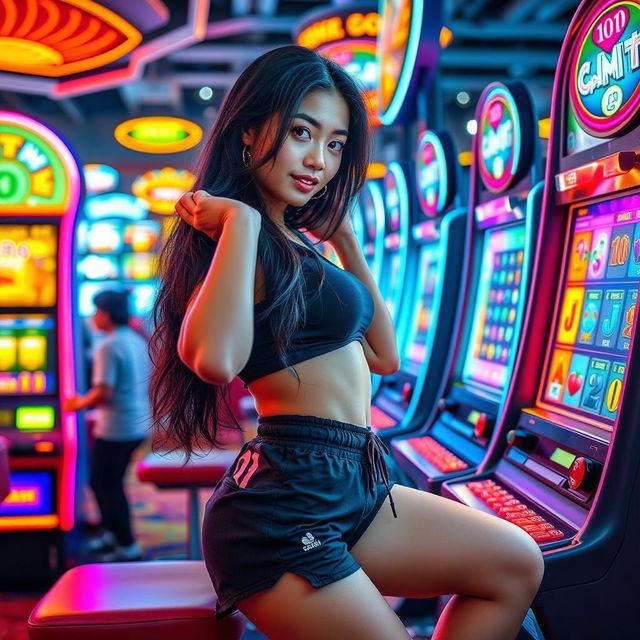 A seductive Indonesian soccer girl, confidently posing in casual sports attire that highlights her athletic build, while engaging in a thrilling betting slot machine game