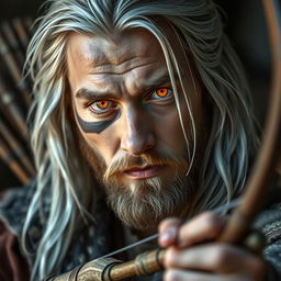 A portrait of a young man with long silver hair and a short beard, featuring striking orange and yellow glowing eyes