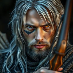 A portrait of a young man with long silver hair and a short beard, featuring striking orange and yellow glowing eyes